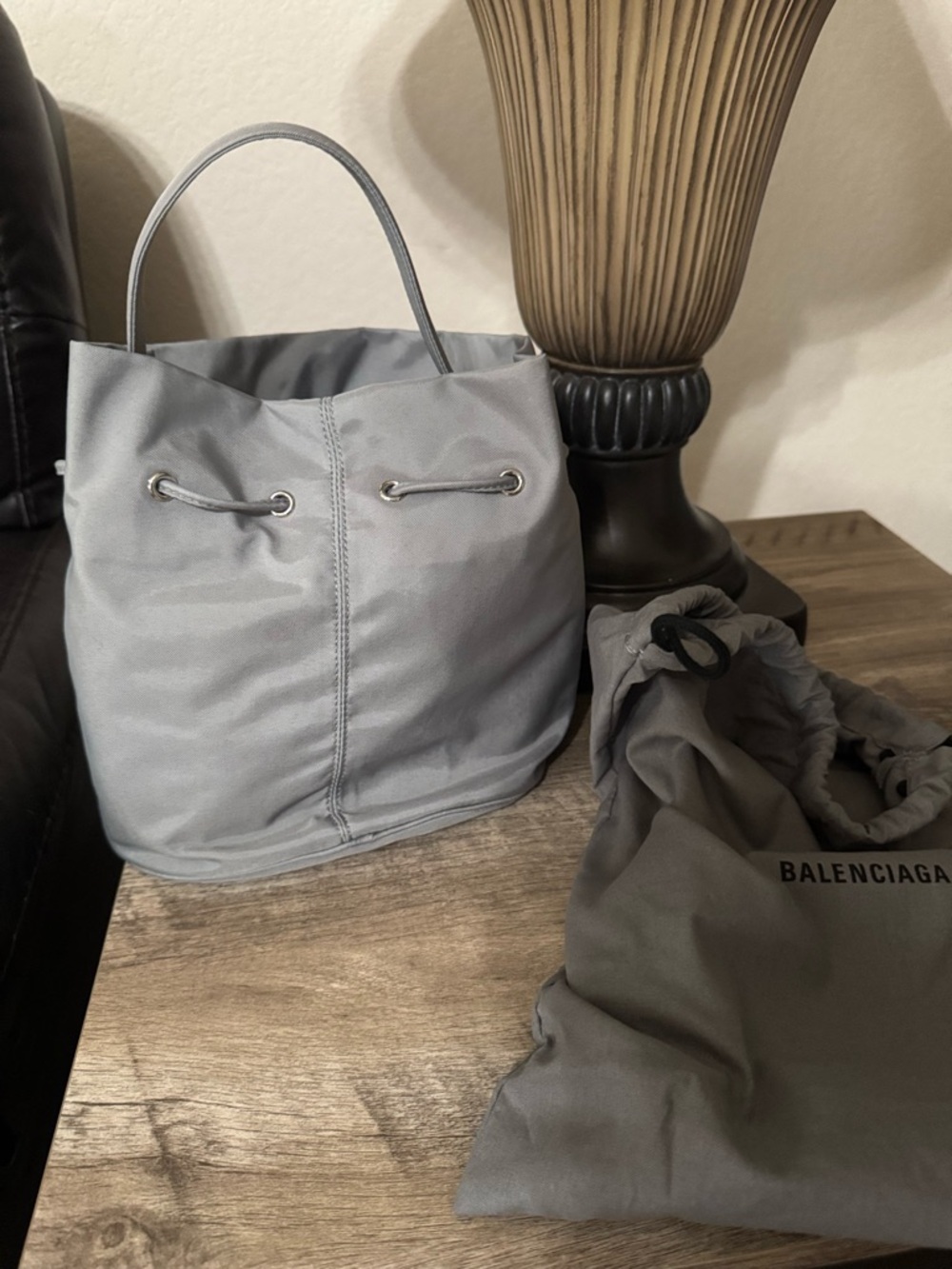 BALENCIAGA WOMEN'S WHEEL SMALL DRAWSTRING BUCKET BAG IN GREY - Picture 7 of 11
